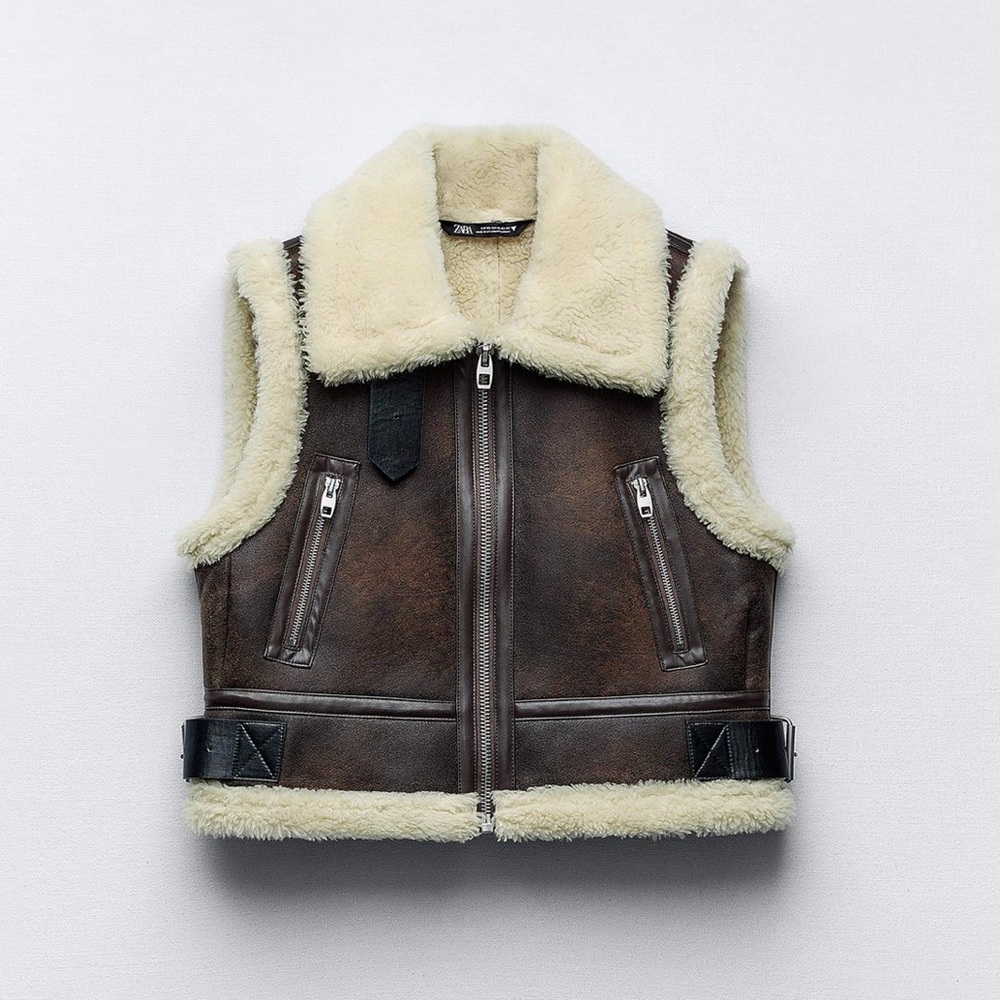 Zara Brown Faux Shearling Aviator Vest with Cream Trim